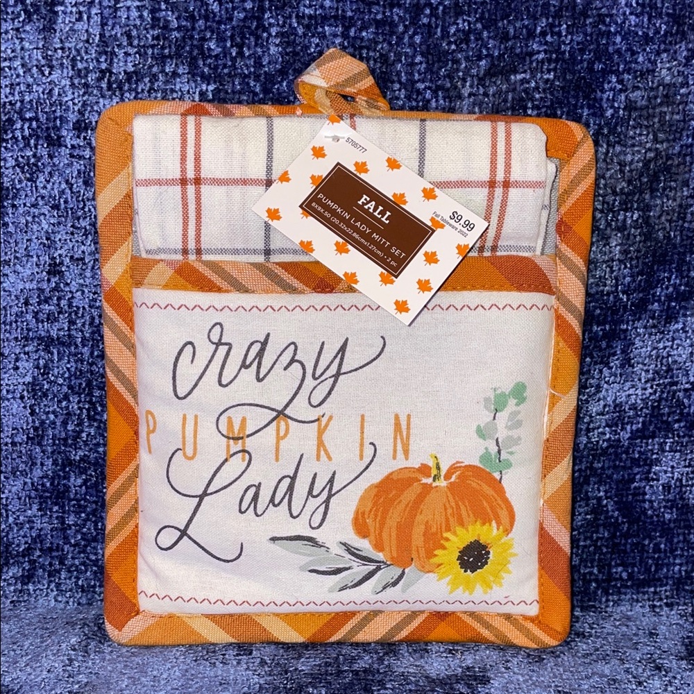 NWT Orange Plaid Pumpkin Pot Holder Set & matching hand towel.
